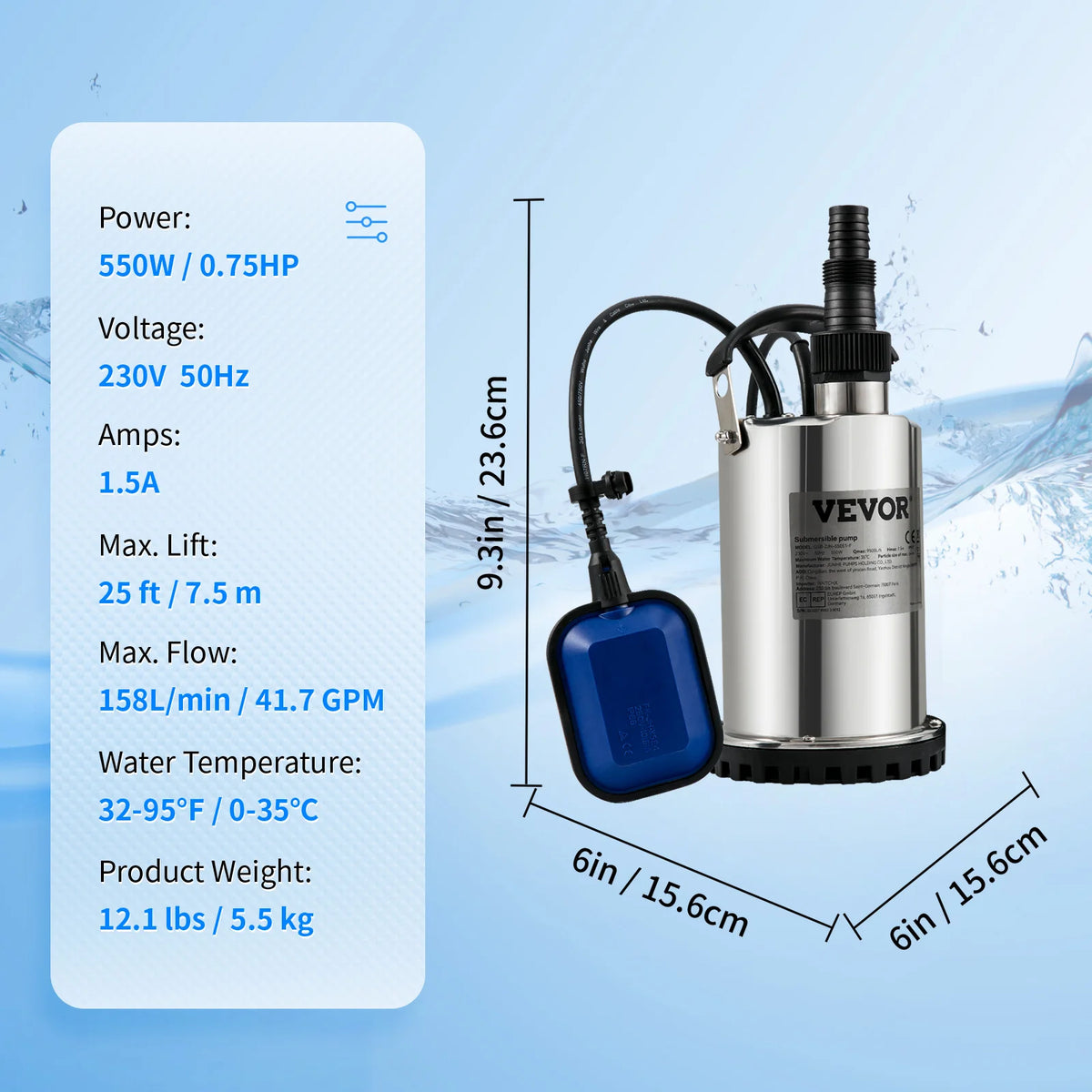 Pompe submersible eaux chargées 550 W à 2200 W avec flotteur