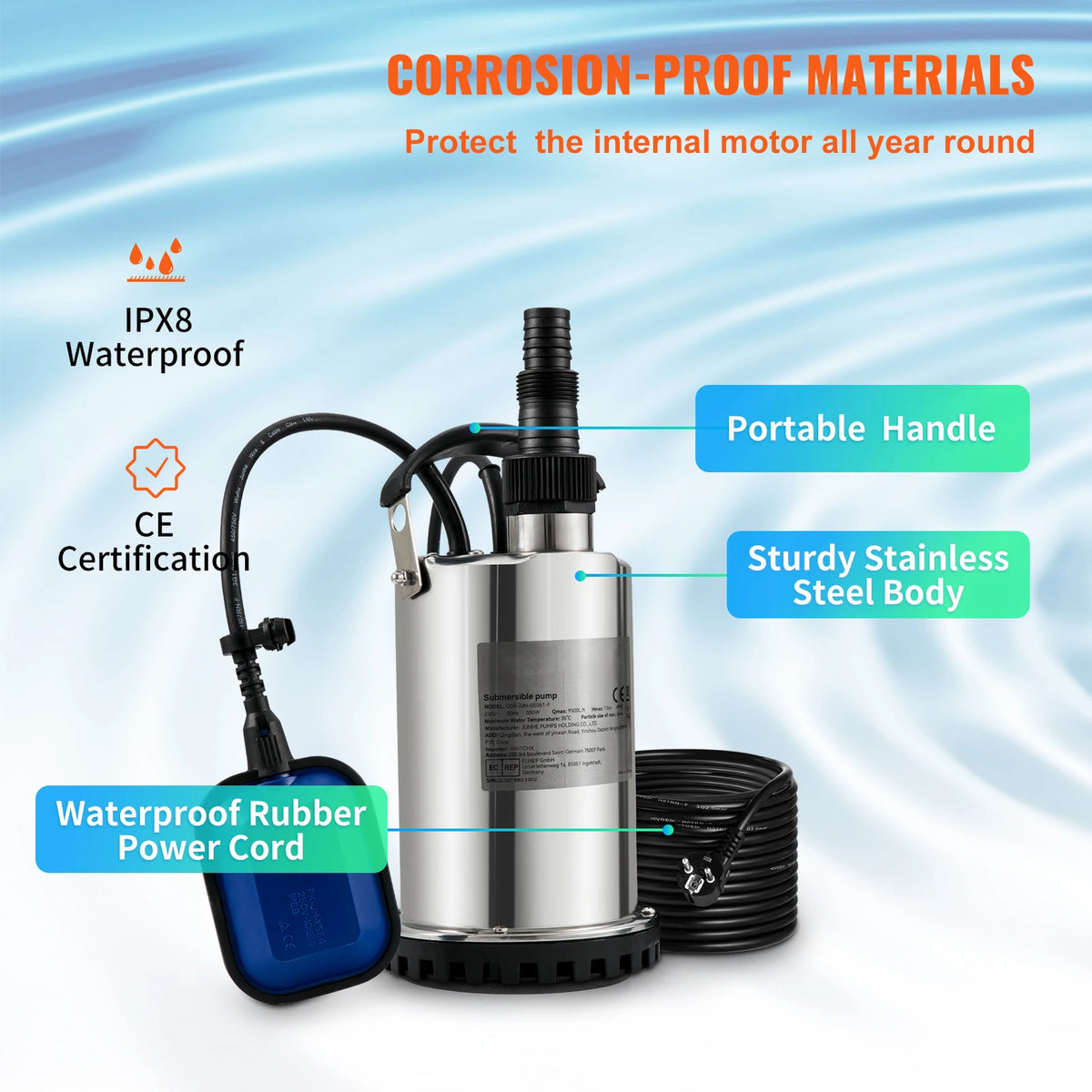 Pompe submersible eaux chargées 550 W à 2200 W avec flotteur