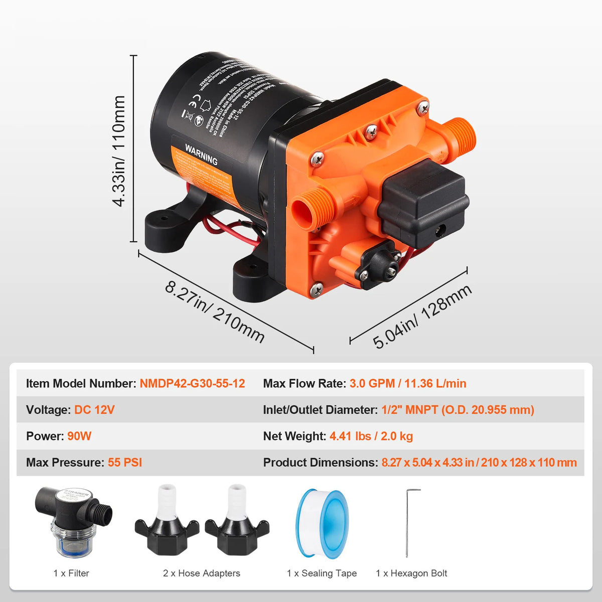 Pompe à diaphragme 12V — 1,8 à 5 GPM, pression réglable 40-100 PSI