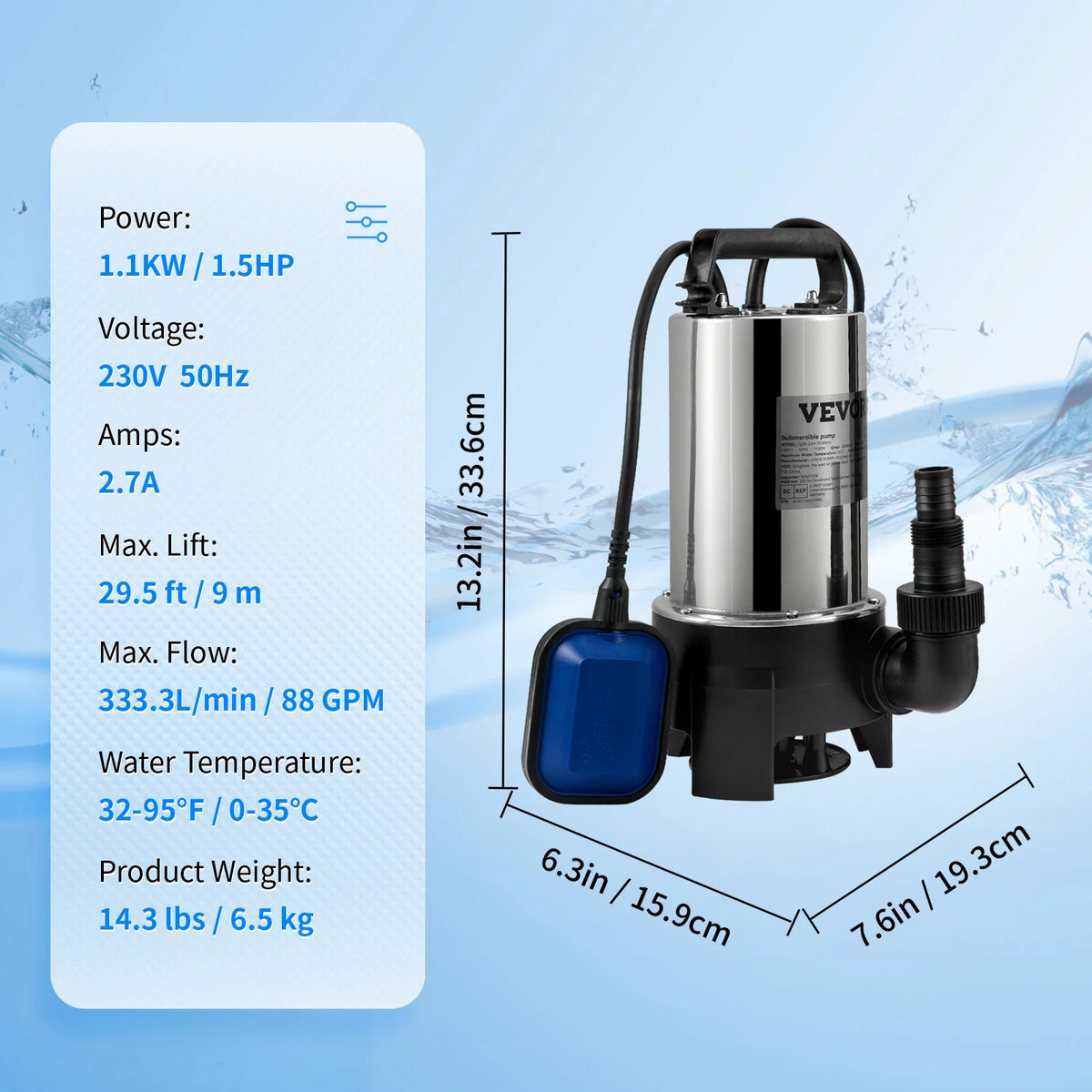 Pompe submersible eaux chargées 550 W à 2200 W avec flotteur