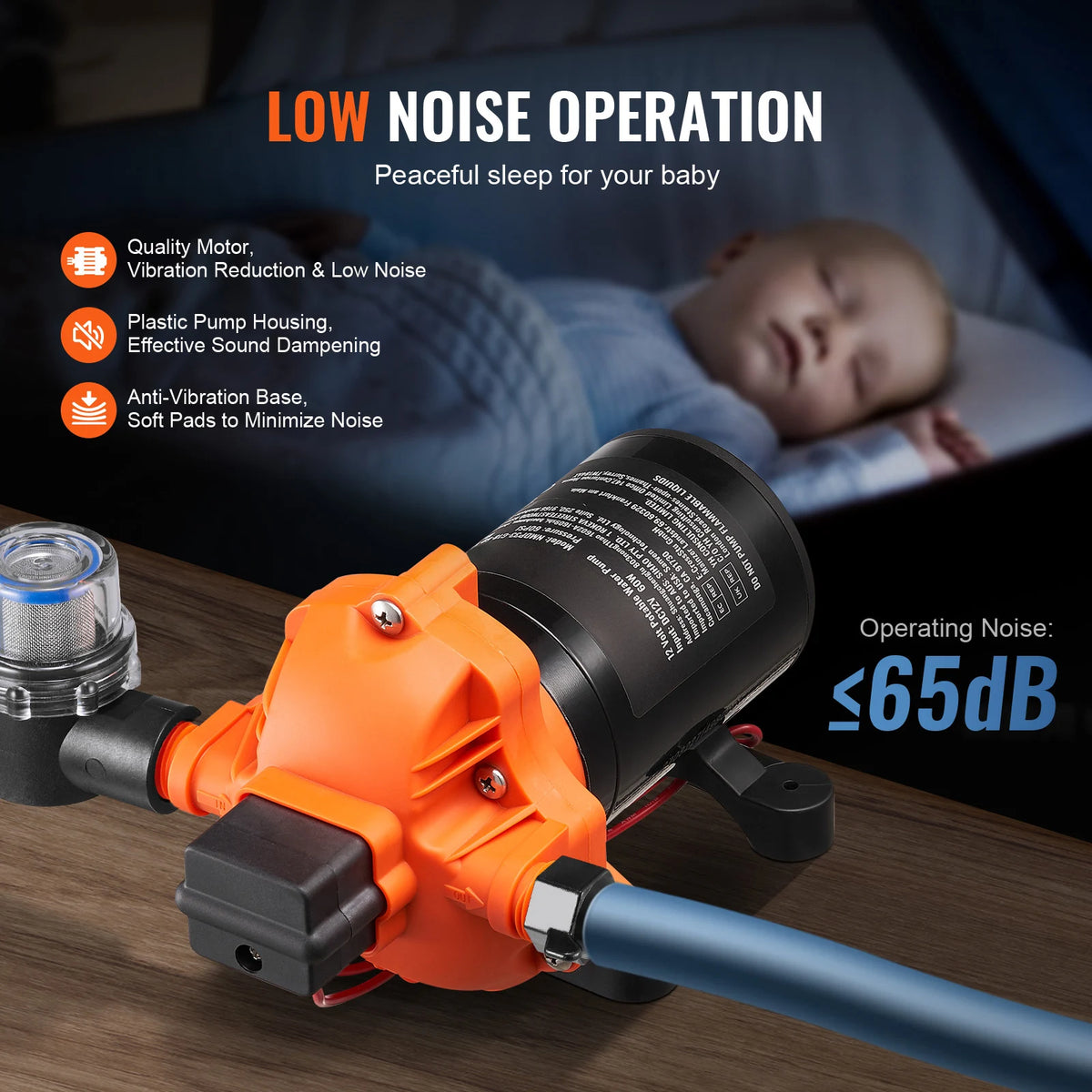 Pompe à diaphragme 12V — 1,8 à 5 GPM, pression réglable 40-100 PSI