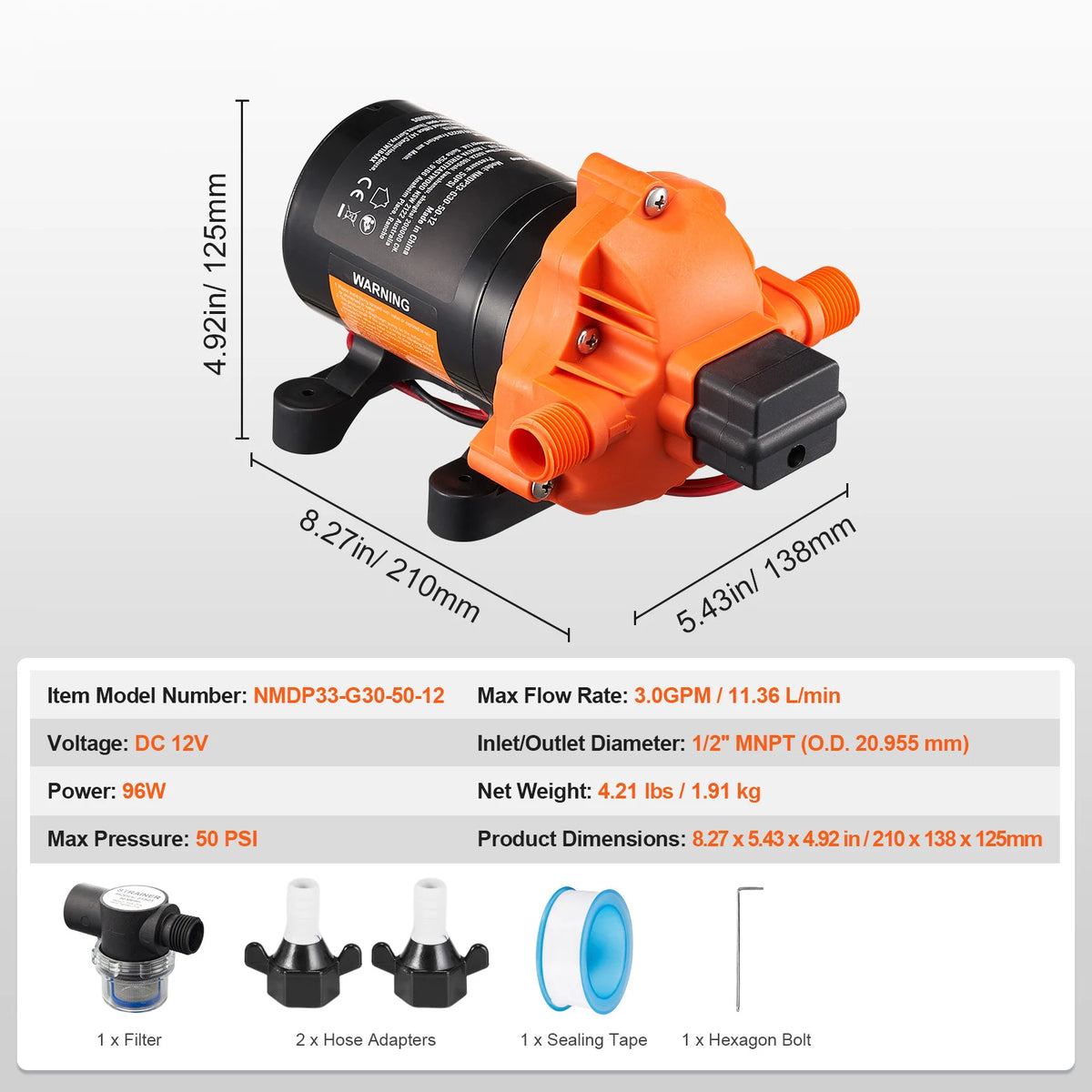 Pompe à diaphragme 12V — 1,8 à 5 GPM, pression réglable 40-100 PSI