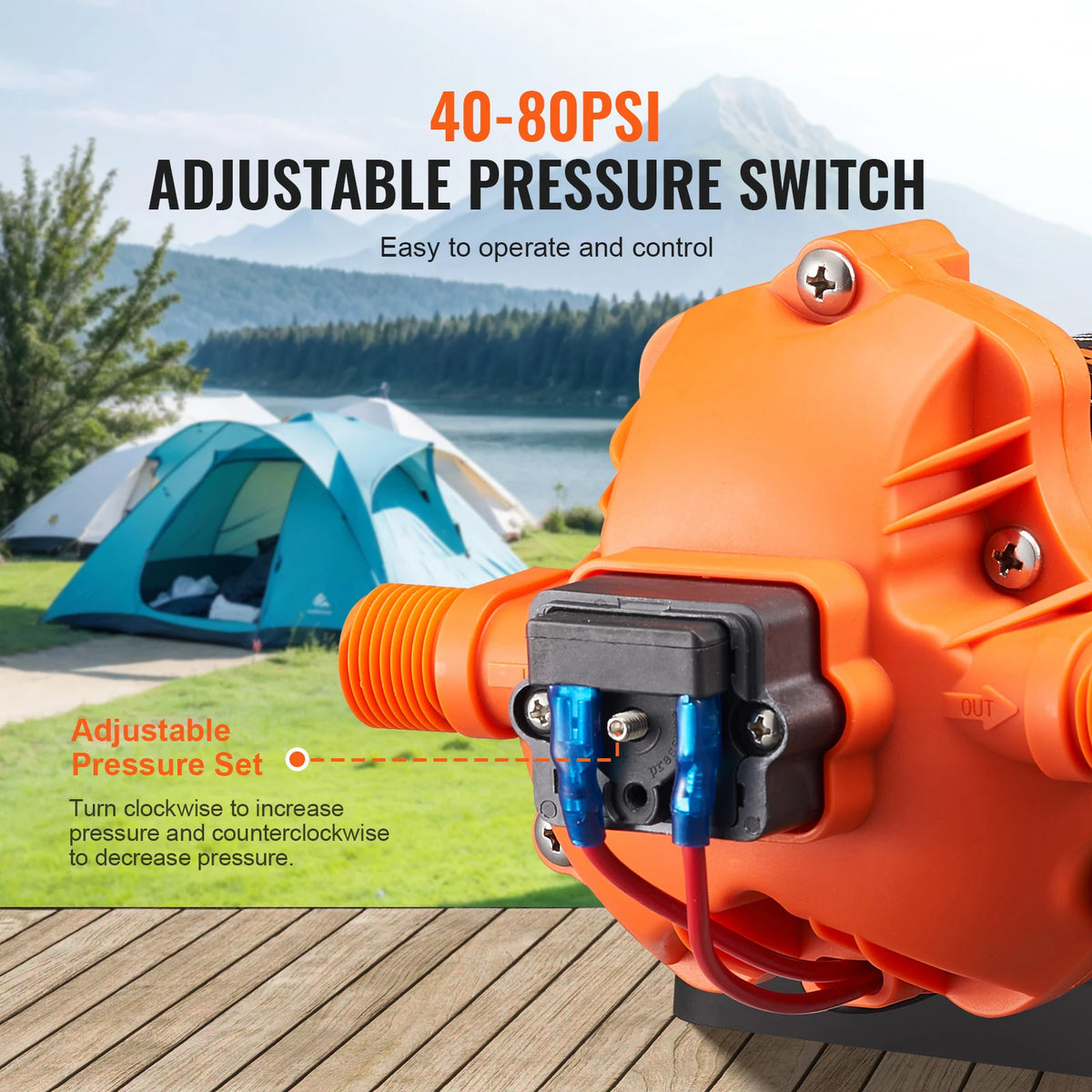 Pompe à diaphragme 12V — 1,8 à 5 GPM, pression réglable 40-100 PSI