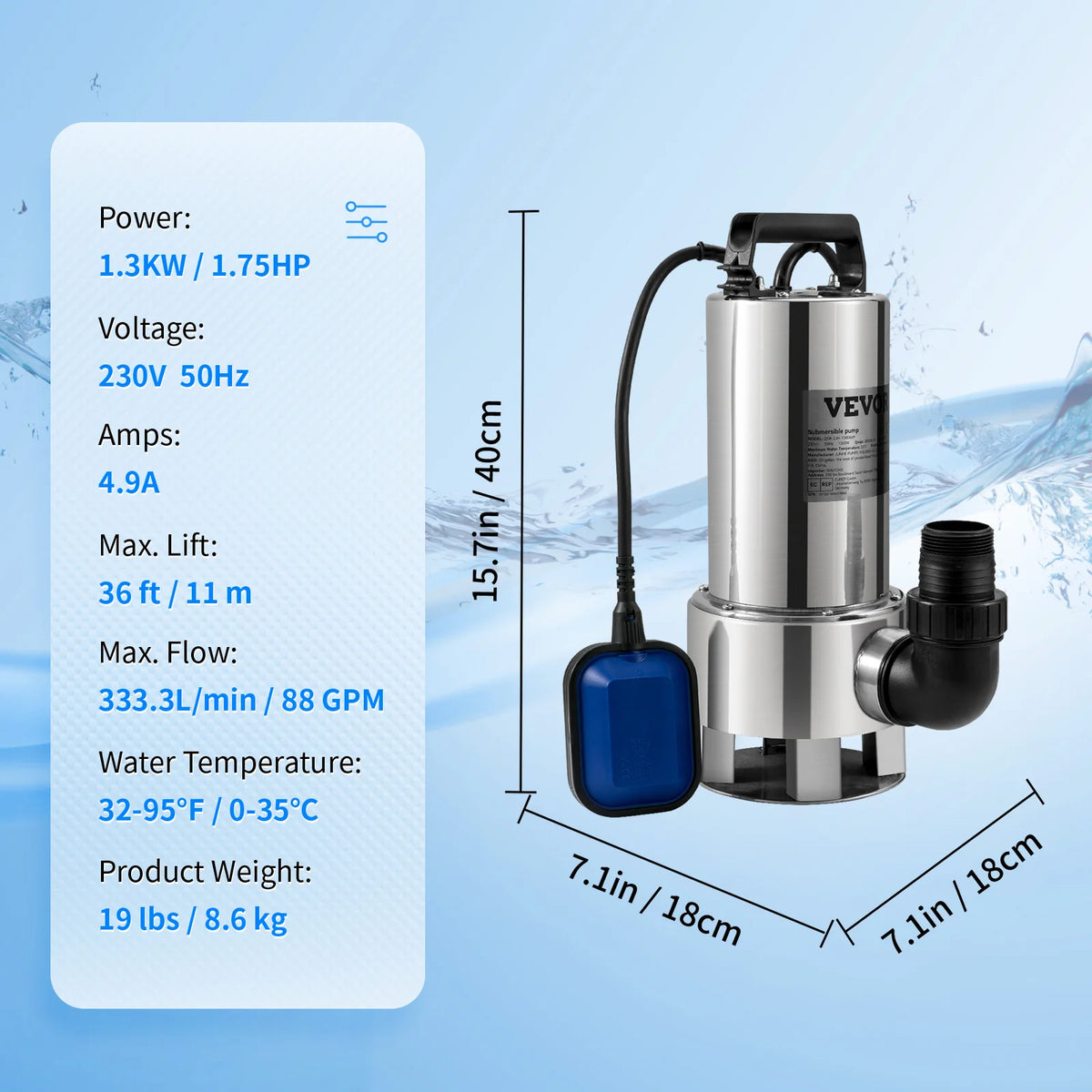 Pompe submersible eaux chargées 550 W à 2200 W avec flotteur