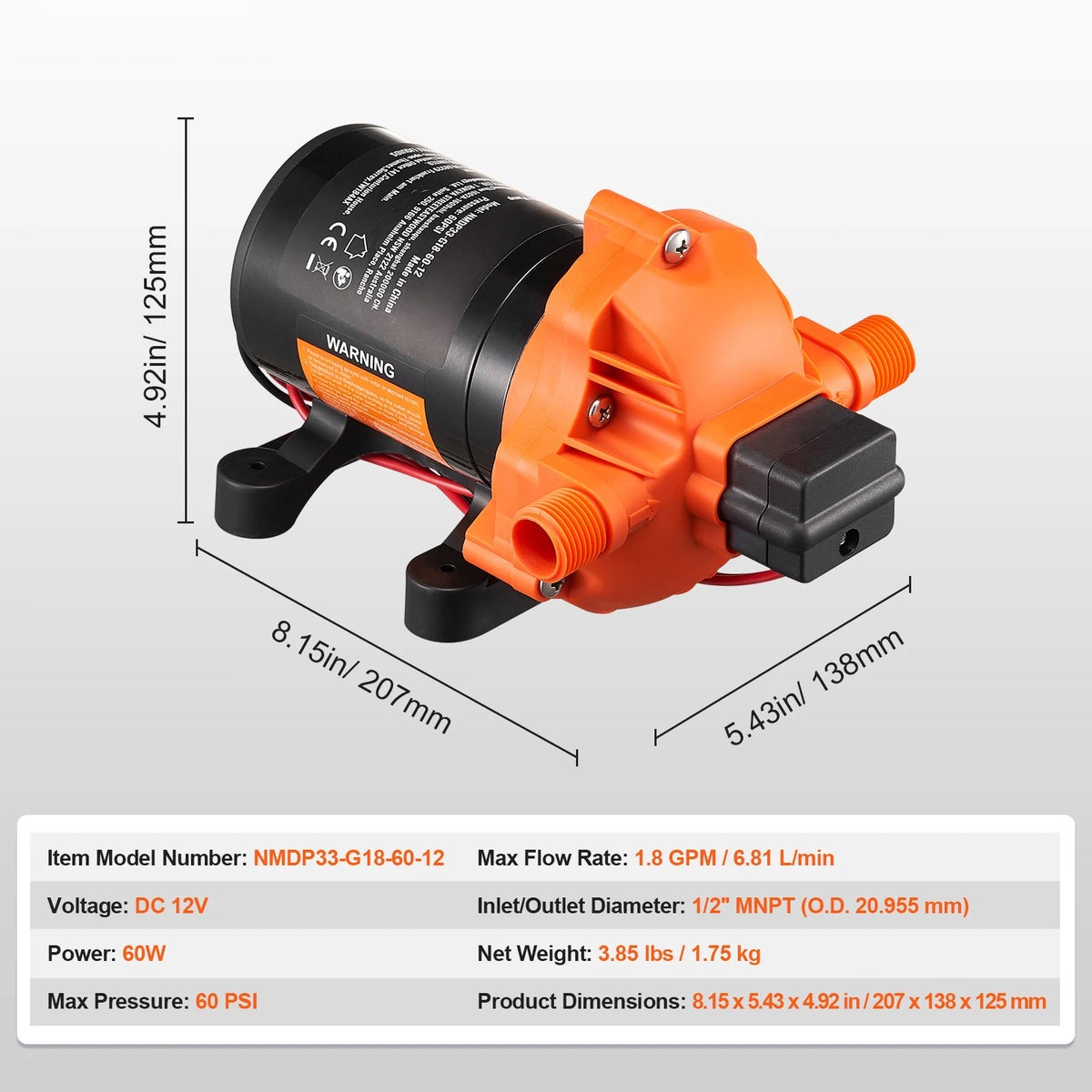 Pompe à diaphragme 12V — 1,8 à 5 GPM, pression réglable 40-100 PSI