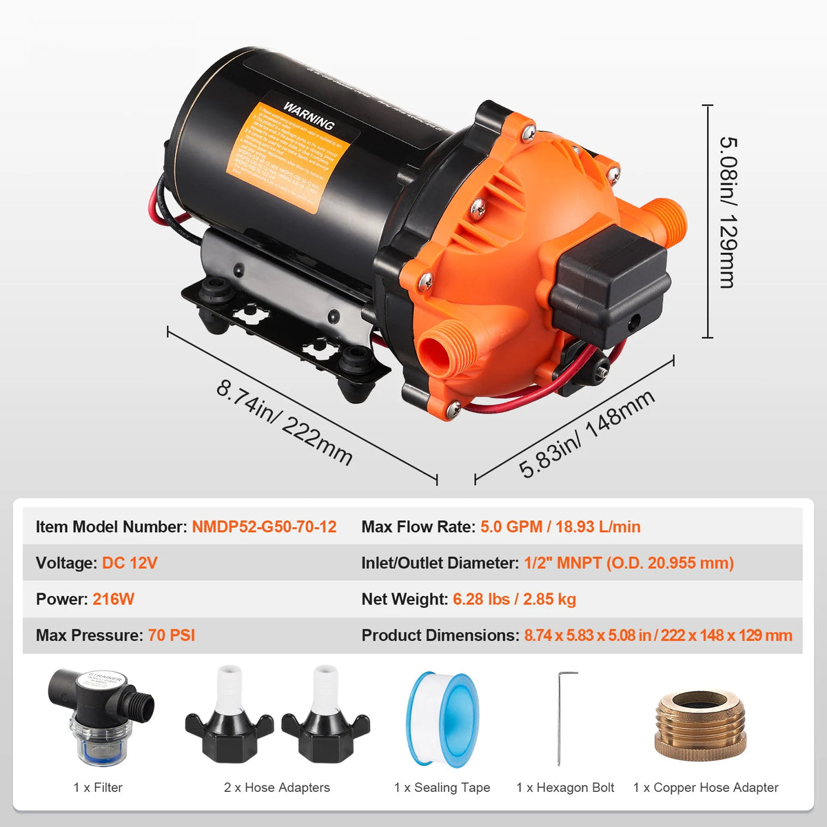 Pompe à diaphragme 12V — 1,8 à 5 GPM, pression réglable 40-100 PSI