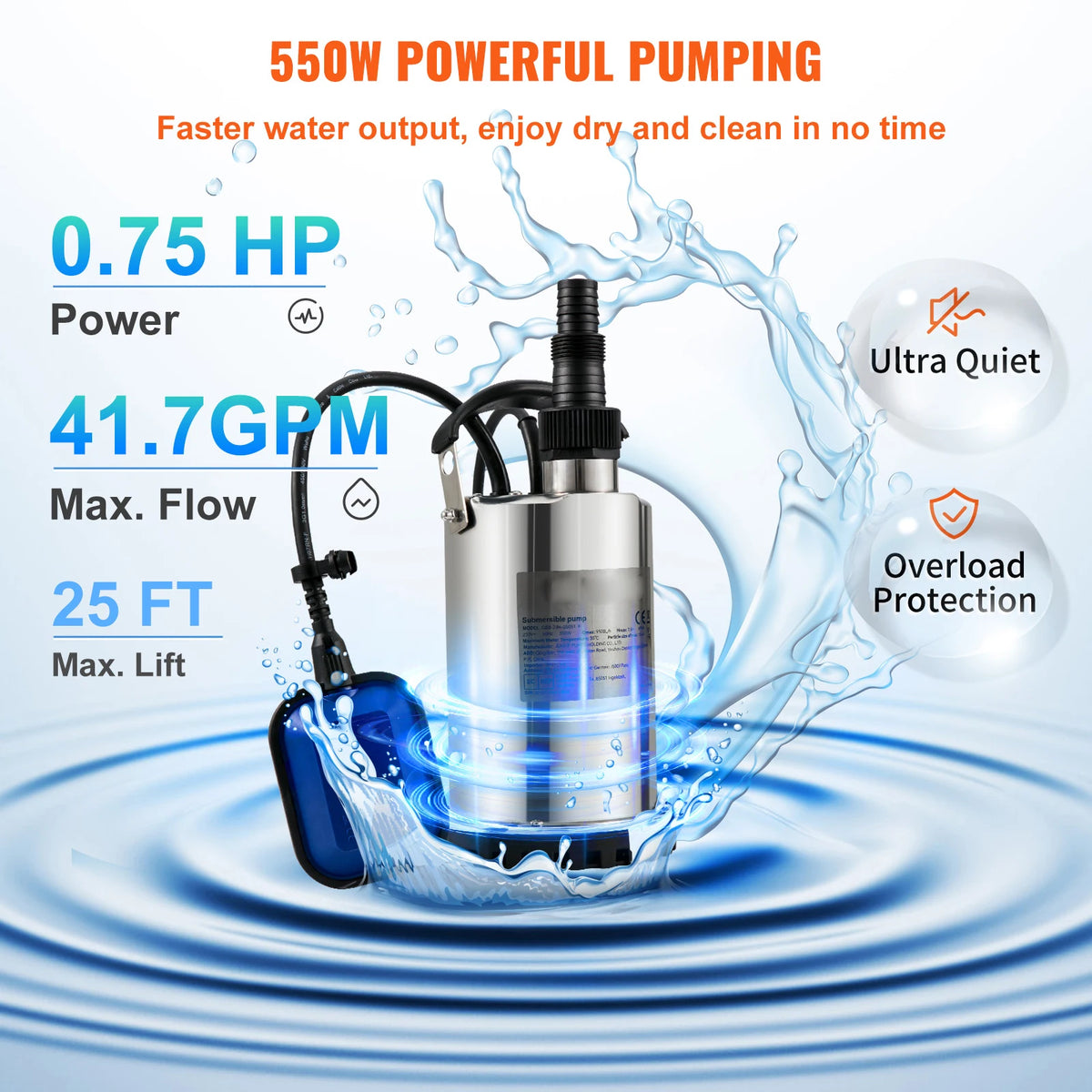 Pompe submersible eaux chargées 550 W à 2200 W avec flotteur