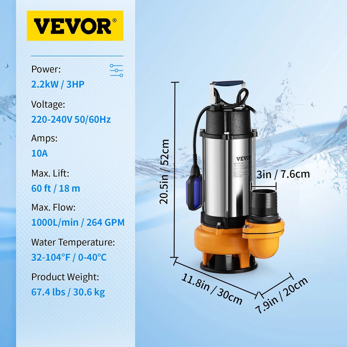 Pompe submersible eaux chargées 550 W à 2200 W avec flotteur